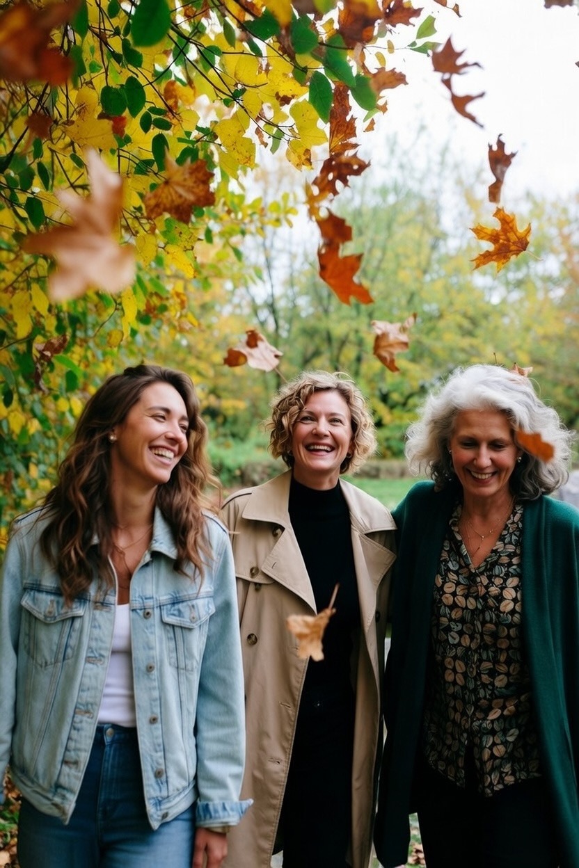 Three women laughing together on an autumn walk beneath falling leaves