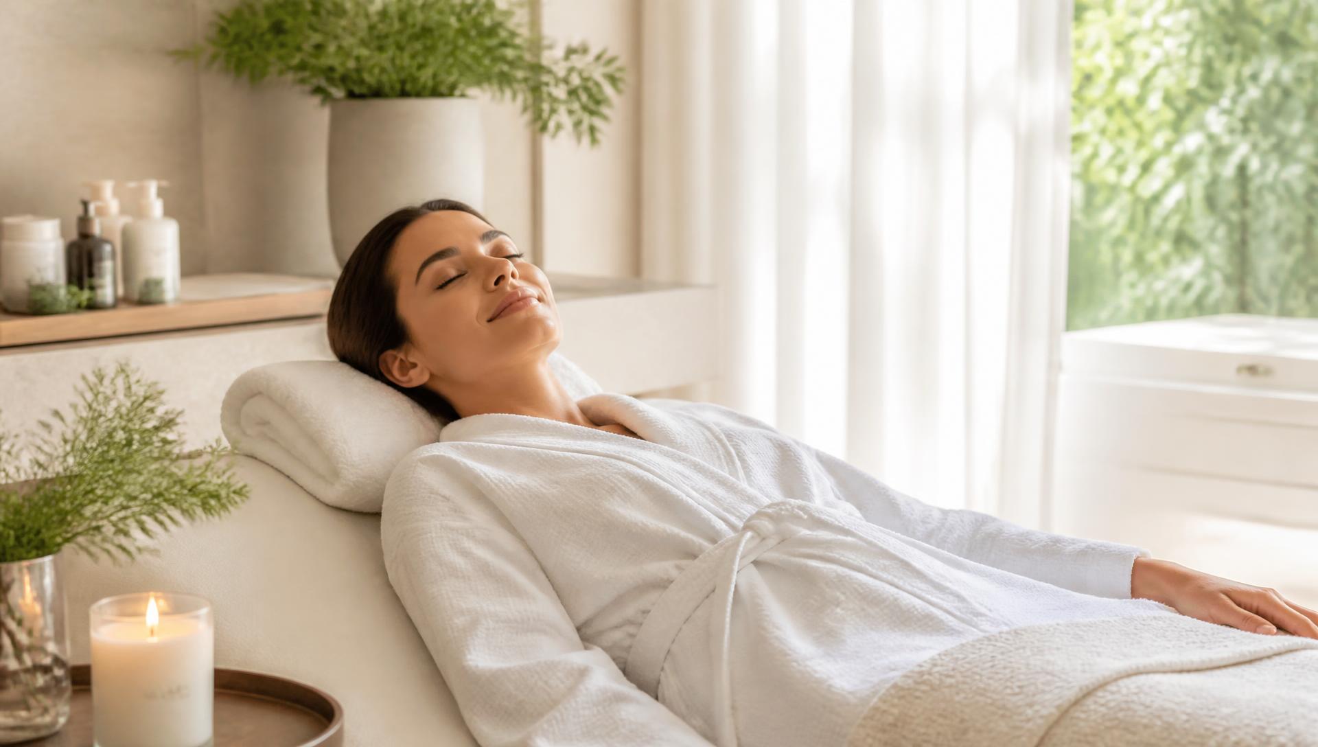 A woman relaxing in a bright, calm treatment room at Elysium Grove
